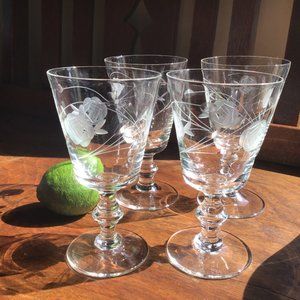 Vintage Set of Four Etched Rose Stemmed Cocktail Glasses